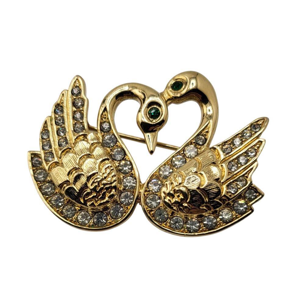 Vintage Gold Tone Swan Brooch Rhinestone Love Birds Pin Green Eyes